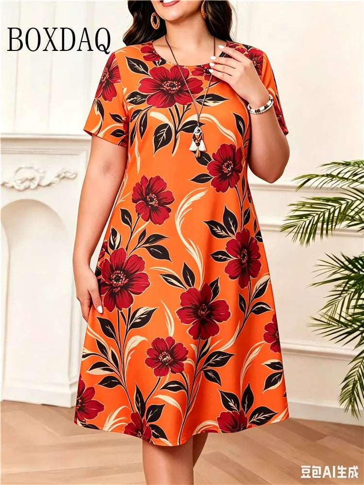 Women's Sundress Mini Dress Short Sleeve Floral Print Summer Casual O-Neck Loose Dresses Plus Size 2026 Female Clothing Vestidos