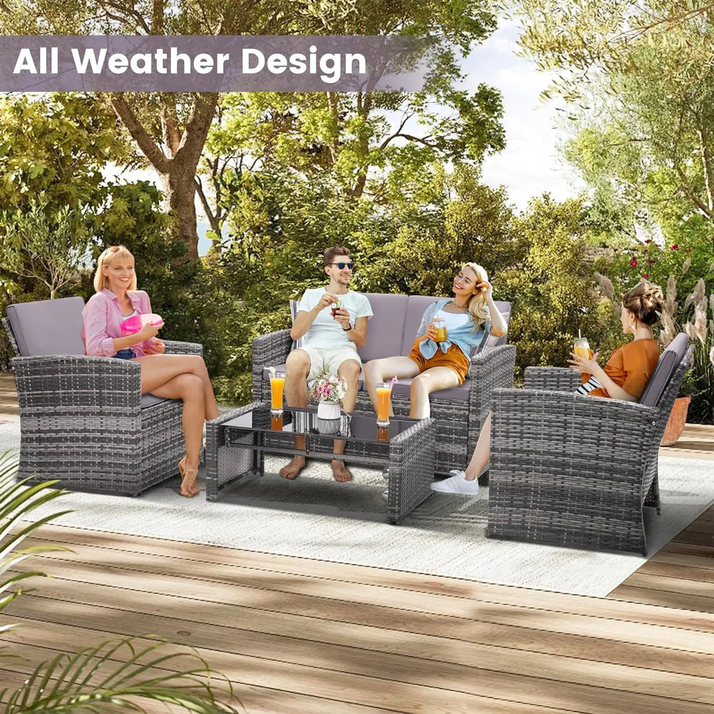 4-Piece Patio Furniture Set, Wicker Outdoor Rattan Sectional Sofa with Cushions and Glass Table, All-Weather Outdoor Conversatio