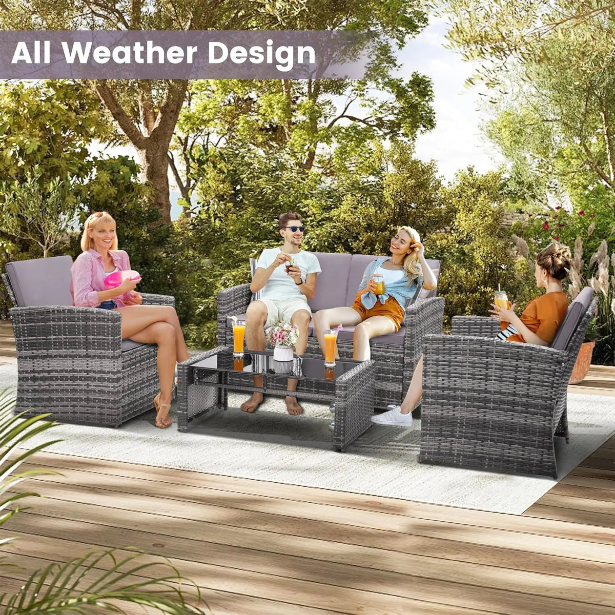 4-Piece Patio Furniture Set, Wicker Outdoor Rattan Sectional Sofa with Cushions and Glass Table, All-Weather Outdoor Conversatio