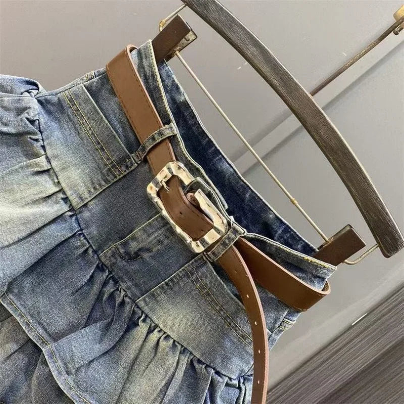 Girls Dress 2025 Summer New Denim Short Skirt Korean Version Flanged Cake Skirt Elastic Elastic Waist A-line Skirt Fashion 3-14Y