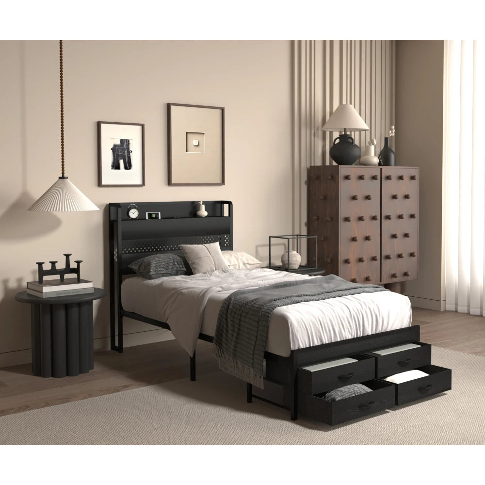 Orraves Twin Bed Frames with Headboard, Twin Size Bed Frames with Storage Drawers, Twin Bed, Black Metal Platform Bed Frame, Single Bed Frame, No Box Spring Needed
