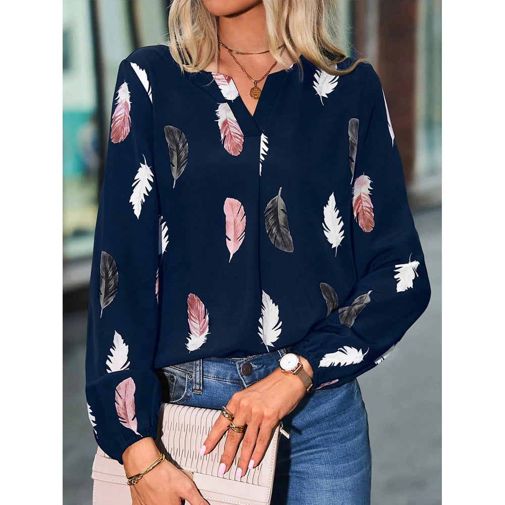 Fashion Woman Blouse Shirts For Women'S Stylish Top Long Sleeve Feather Pattern Female Tops Elegant Chiffon Mujer Woman Clothes