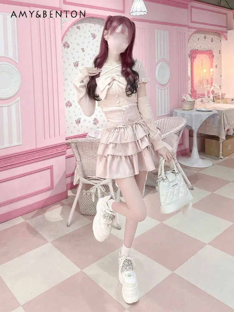 Sweet Cute Lace High Waist Puffy Skirt Japanese Style Kawaii Bow Tie Slimming Multi-layer Mini Skirt A-line Skirts for Women