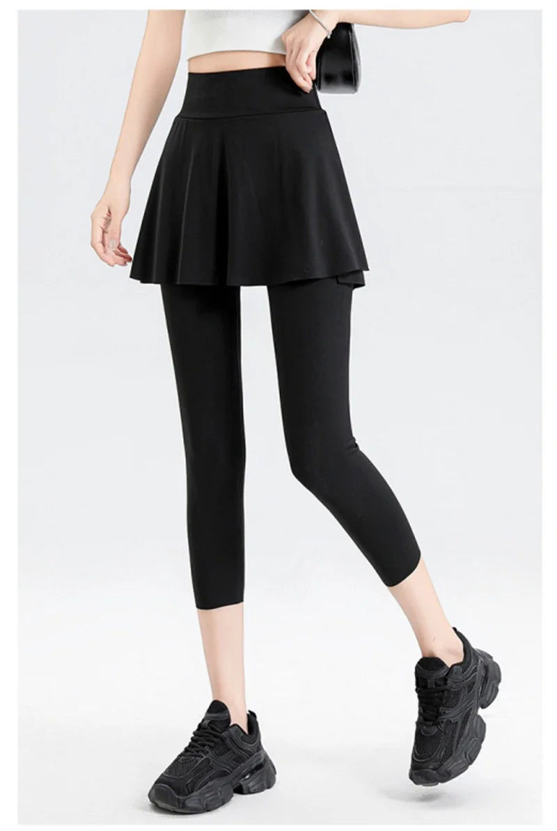 Aiithuug with Pocket Women Tennis Skirted Leggings Capris Yoga Leggings with Skirts Tennis Pickleball Clothing Cropped Leggings