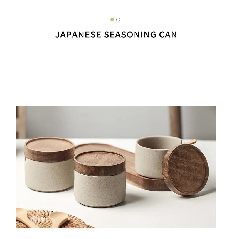 Retro Ceramic Seasoning Jar Pepper Storage Bottle Round Ceramic Seasoning Jar with Wooden Lid Salt Pepper Kitchen Tool