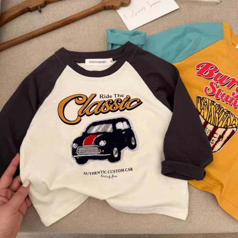 Boys Spring Cartoon Splicing T-Shirt Costume Toddler Fashion Cute Round Neck Tees Casual Loose New Long-Sleeved Tops Outer Wear