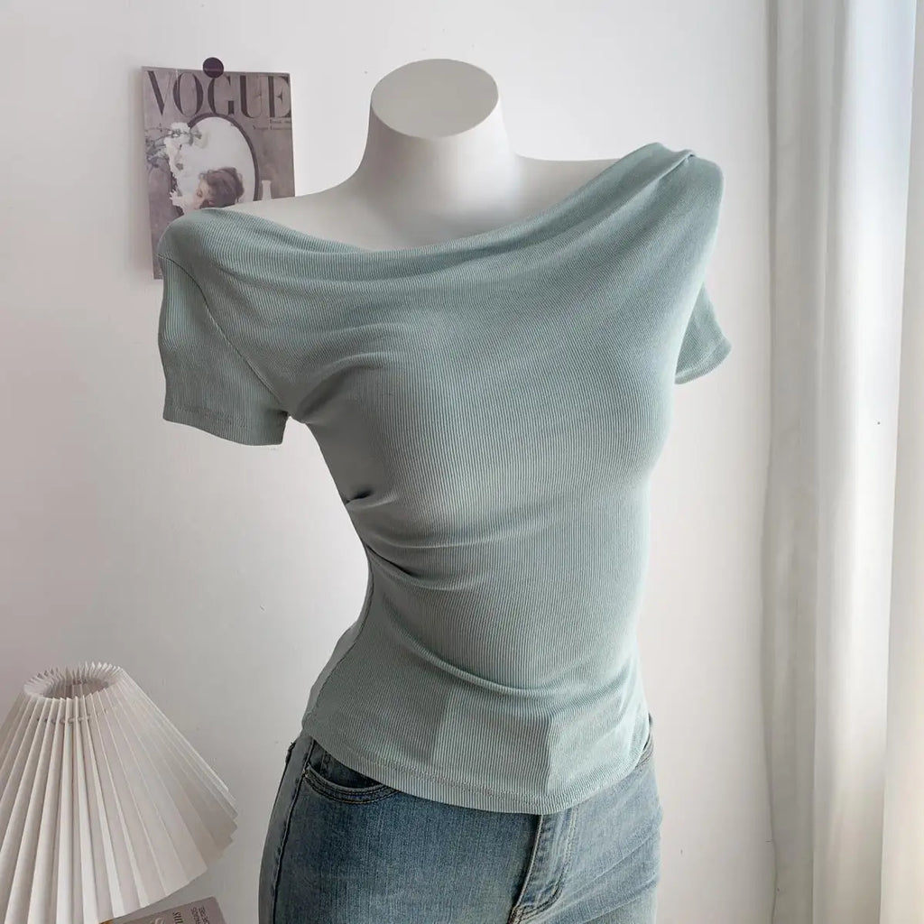 Summer Short Sleeve T-Shirt Shoulder Bared Open Neck Irregular Pleated Korean Style Slim Fit Pure Color Modal Fabric Ladies Top