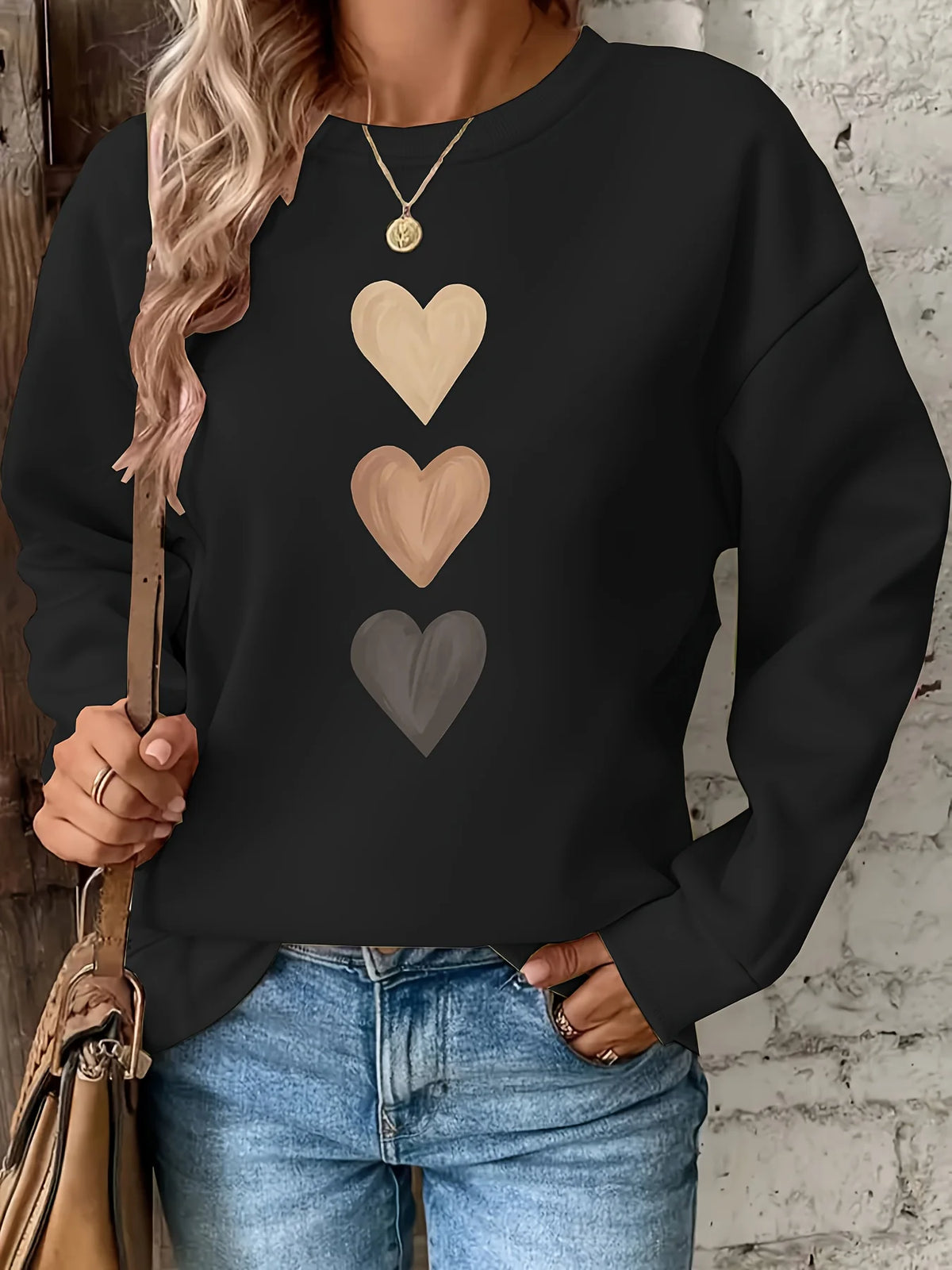 Women's Casual Heart Print Pullover Sweatshirt - Long Sleeve Knit