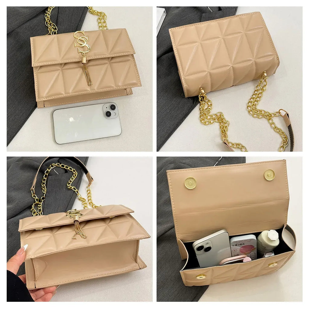 Trendy Luxury Argyle Quilted Flip Small Square Bag Metal Letter Tassel Diagonal Cross Package Commuter Shoulder Bag