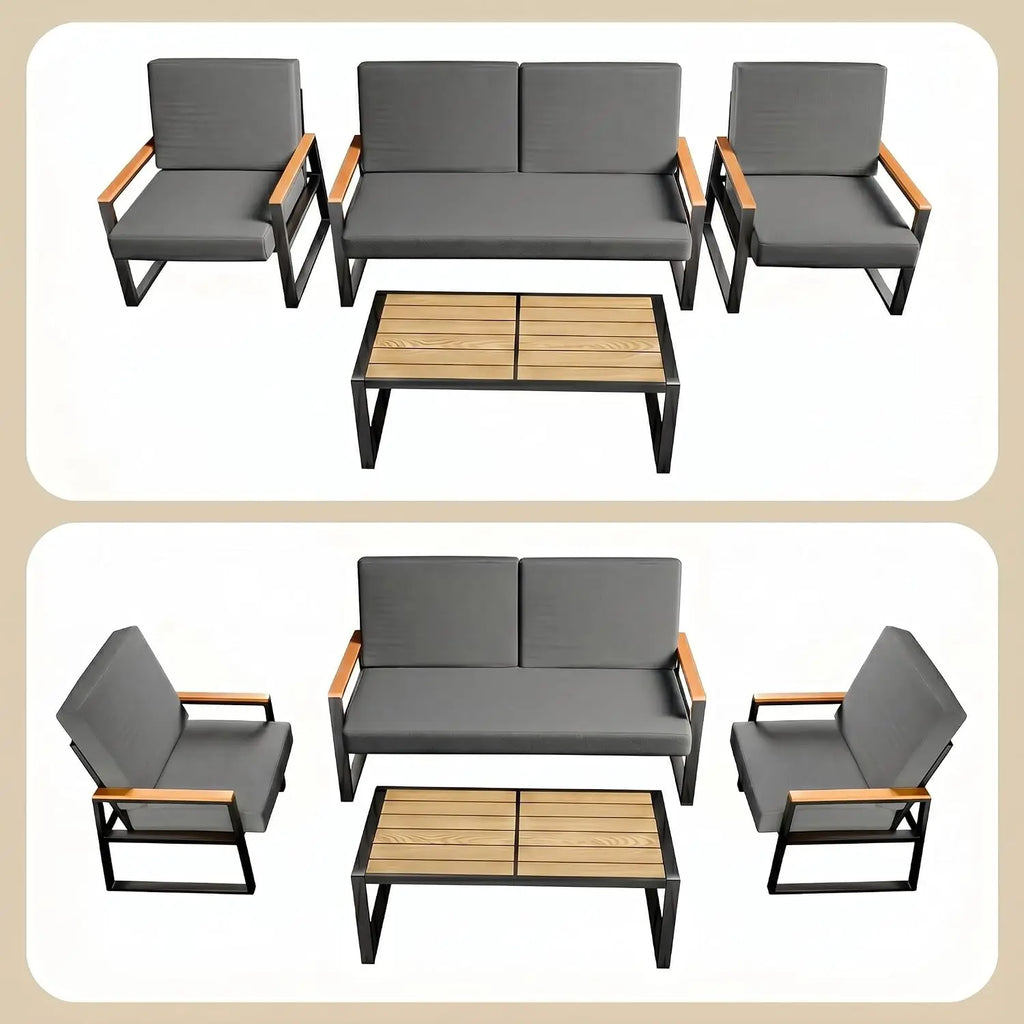 Metal Patio Set 4-Piece Outdoor Conversation WPC Table Washable Cushions Weather-Resistant Seating Yard Poolside, Customized