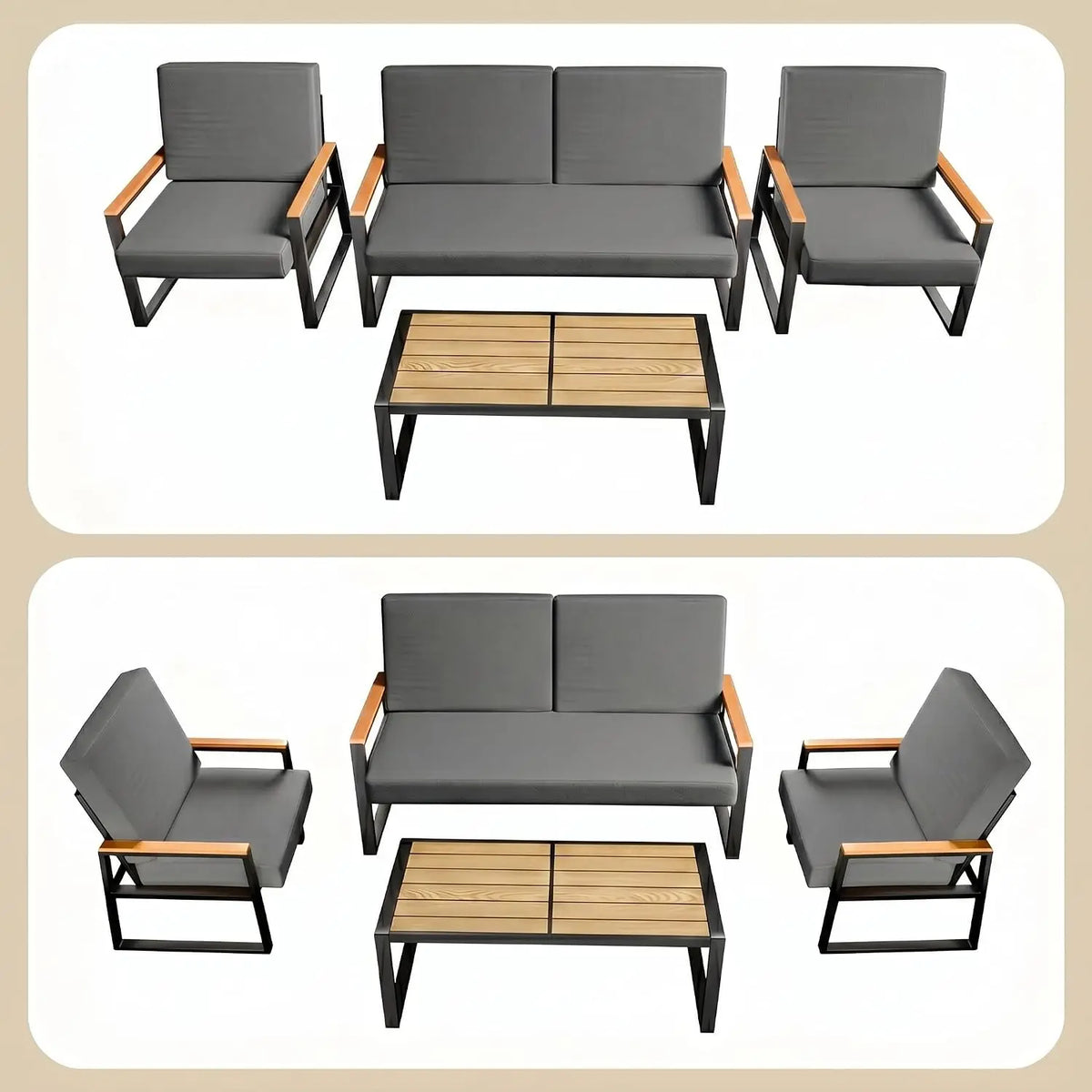 Metal Patio Set 4-Piece Outdoor Conversation WPC Table Washable Cushions Weather-Resistant Seating Yard Poolside, Customized