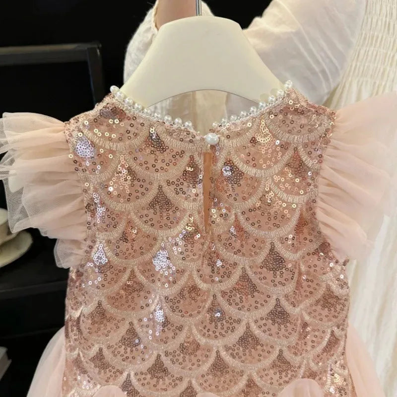 2026 New Summer Party Dresses for Girls Children's Elegant Fashion Mesh Flying Sleeves Sequined Tank Top Princess Skirt S3069