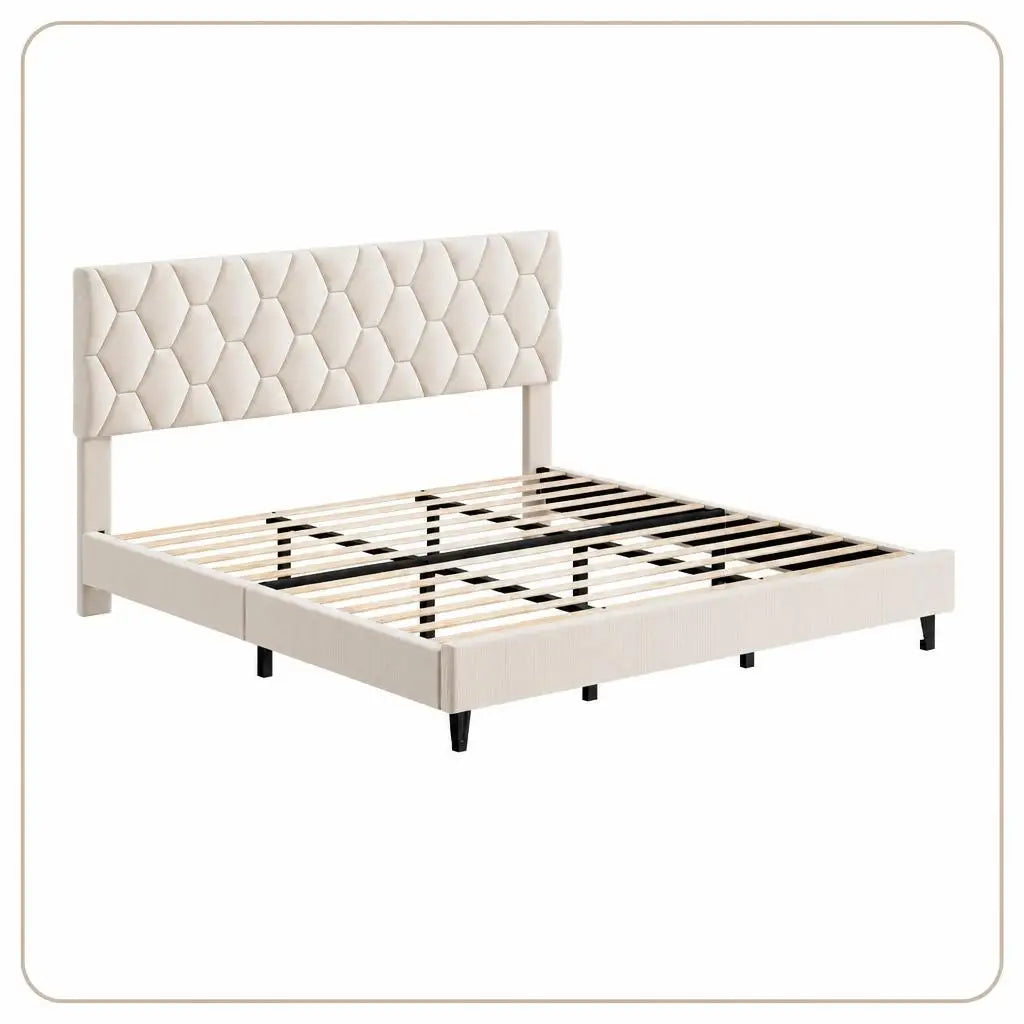 Upholstered Platform Bed Frame with Padded Headboard - Heavy-Duty Wood Slat Support, Noise-Free Non-Slip, No Box Spring Needed, Easy Assembly - KING