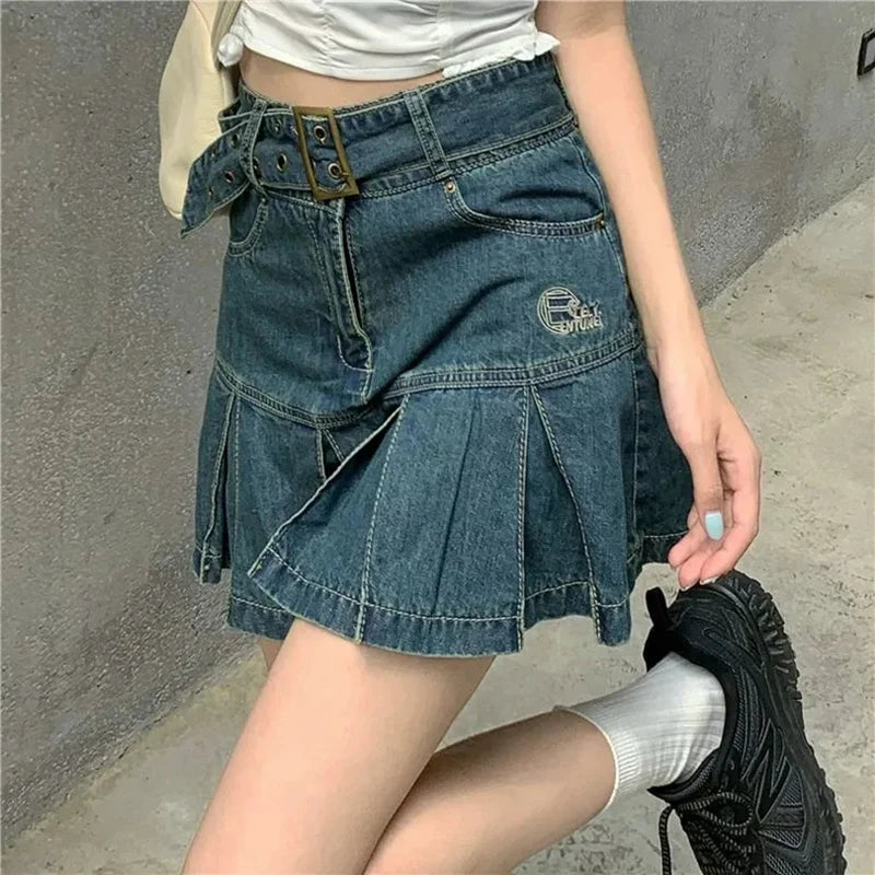 Korean Blue Denim Skirt Women Harajuku Y2K Pleated Mini Skirt Street Vintage Preppy Style High Waisted Embroidery Skirt