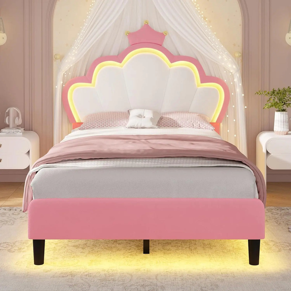 Princess Twin Bed Frame with LED Lights, Adjustable Velvet Headboard, Pink Girls Platform Bed, Solid Wood Support