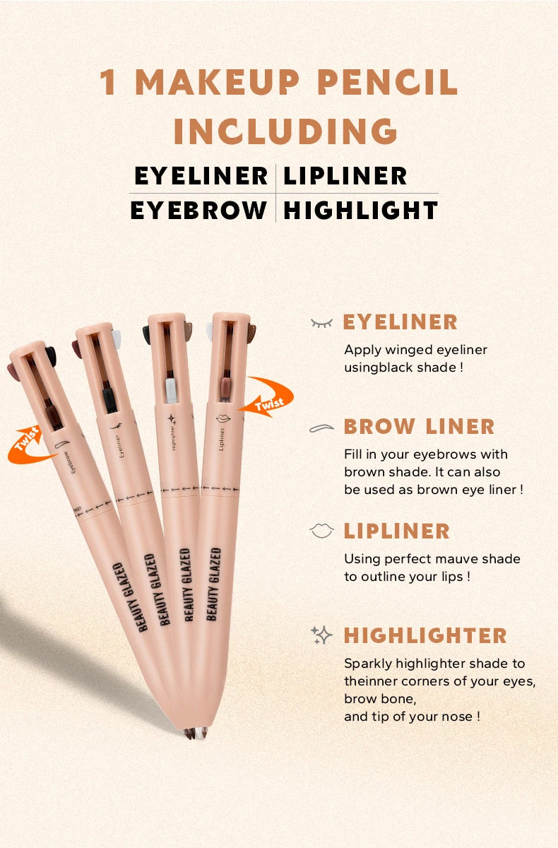 Beauty GlazedMulti-Function Beauty Glazed 4-in-1 Makeup Pen Waterproof Cosmetic Pencil for Eyeliner Brow Lip Highlighter