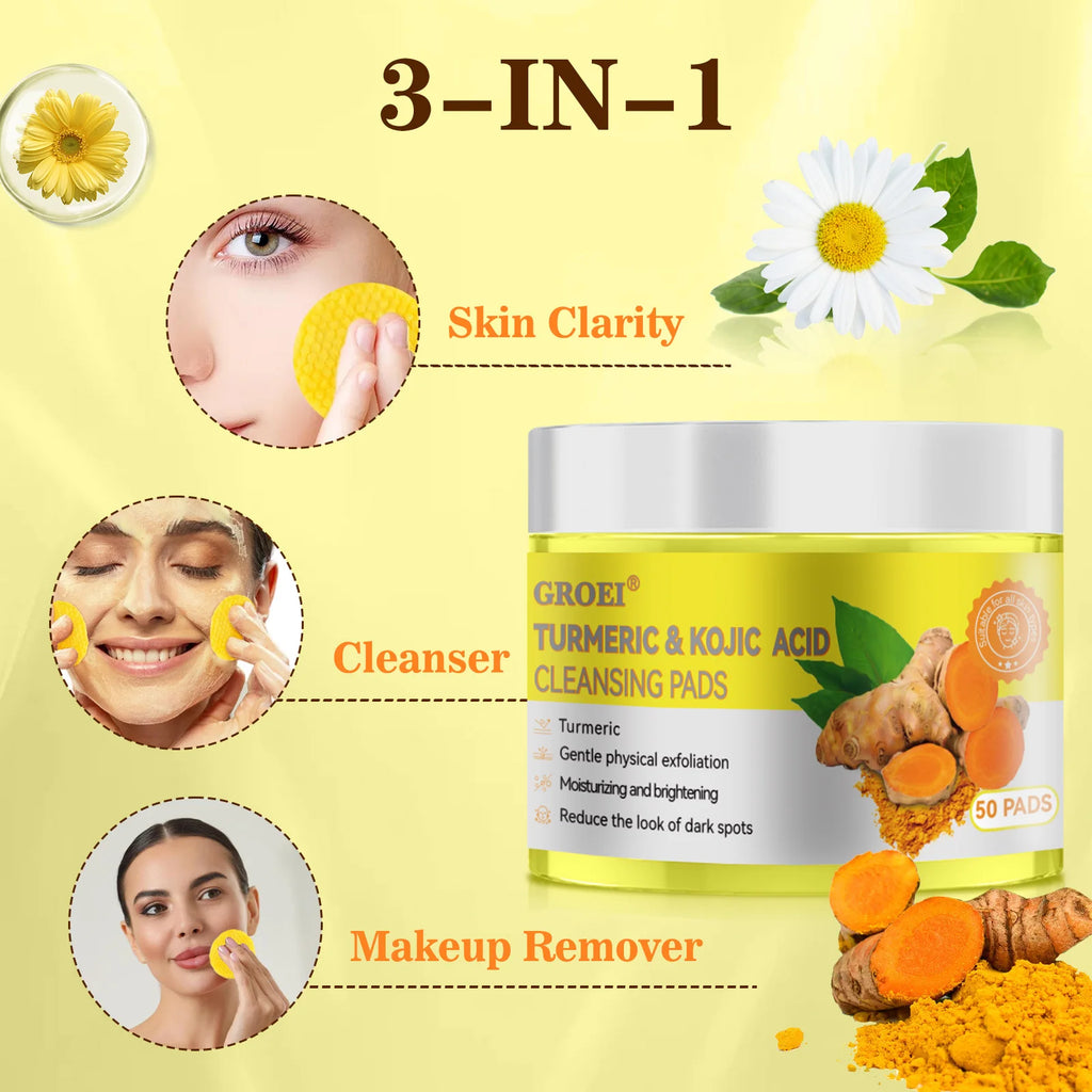 50pcs Turmeric Kojic Acid Cleansing Pads Exfoliating Pads Facial Sponges For Cleansing Exfoliating Daily Cleansing Skin Care