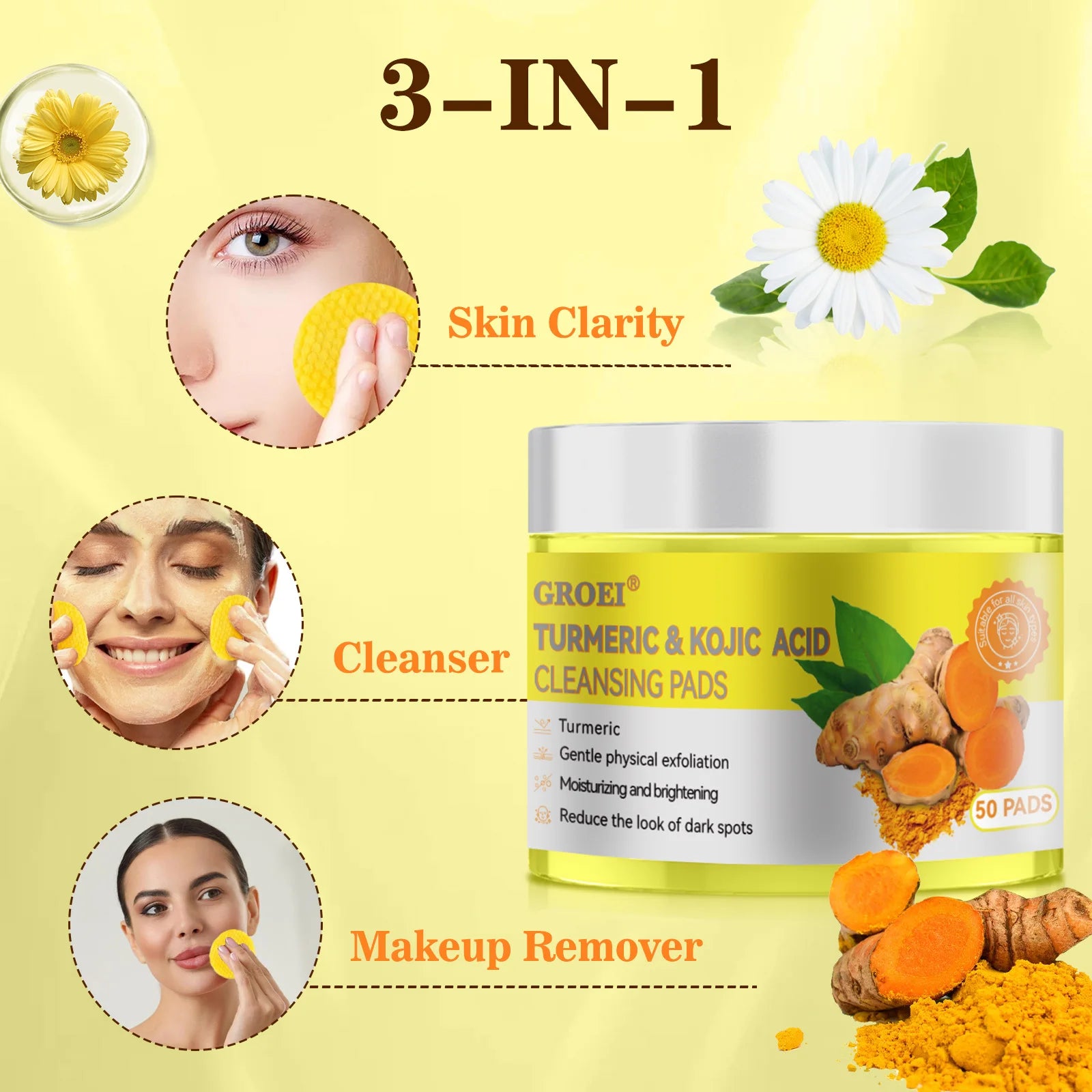 50pcs Turmeric Kojic Acid Cleansing Pads Exfoliating Pads Facial Sponges For Cleansing Exfoliating Daily Cleansing Skin Care