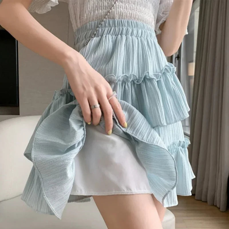 Ruffled Cake Skirts for Women High-waisted A-line Solid All-match Sweet Lovely Girls Korean Style Gentle Spring Kawaii Casual