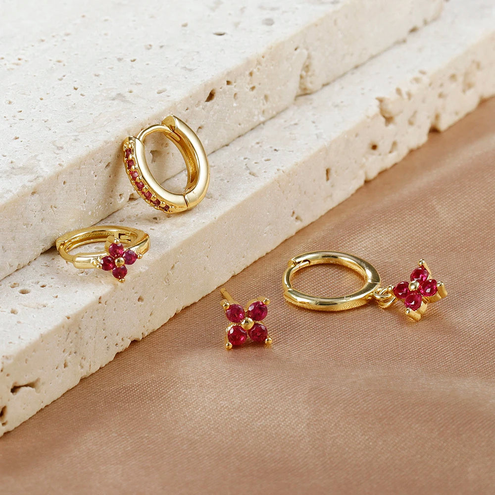 4Pcs Fashion Cubic Zirconia Flower Hoop Earrings Set 18K Gold Plated Stainless Steel Stud Earring Piercing Jewelry Aretes Mujer