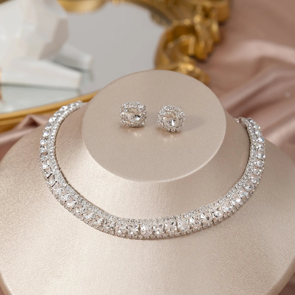 Women'S'S Rhinestone Decorated Necklace & Earringstrendy Jewelry Set Fashionable Accessories For & Daily Clothing Decor