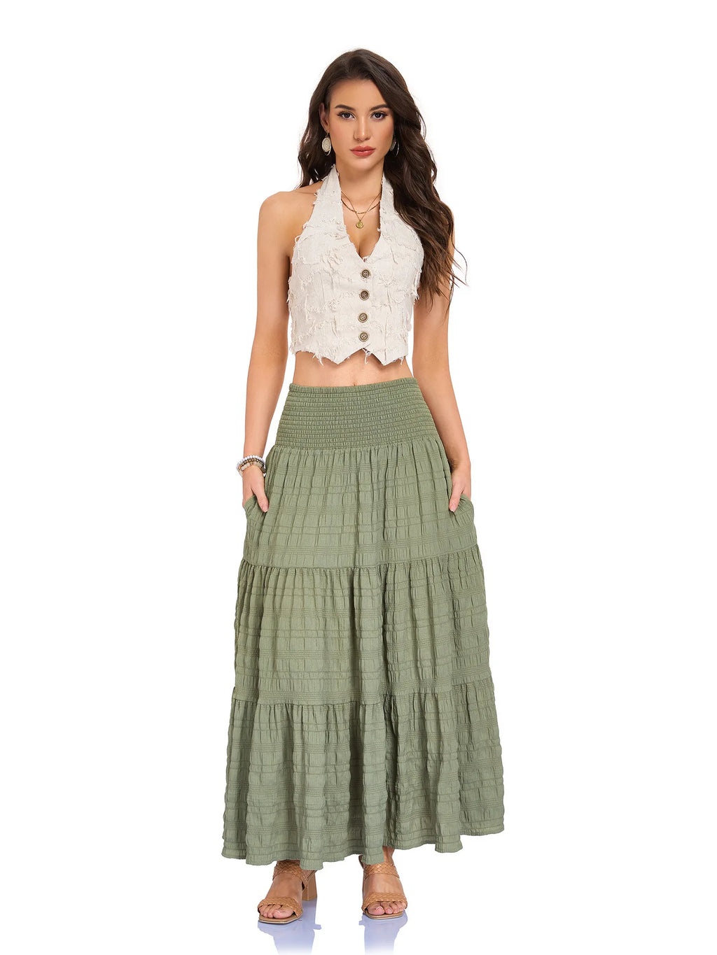 New In 2026 Women's Spring Summer Casual Long Skirts Female Elasticity High Waist Solid Color Maxi Skirt
