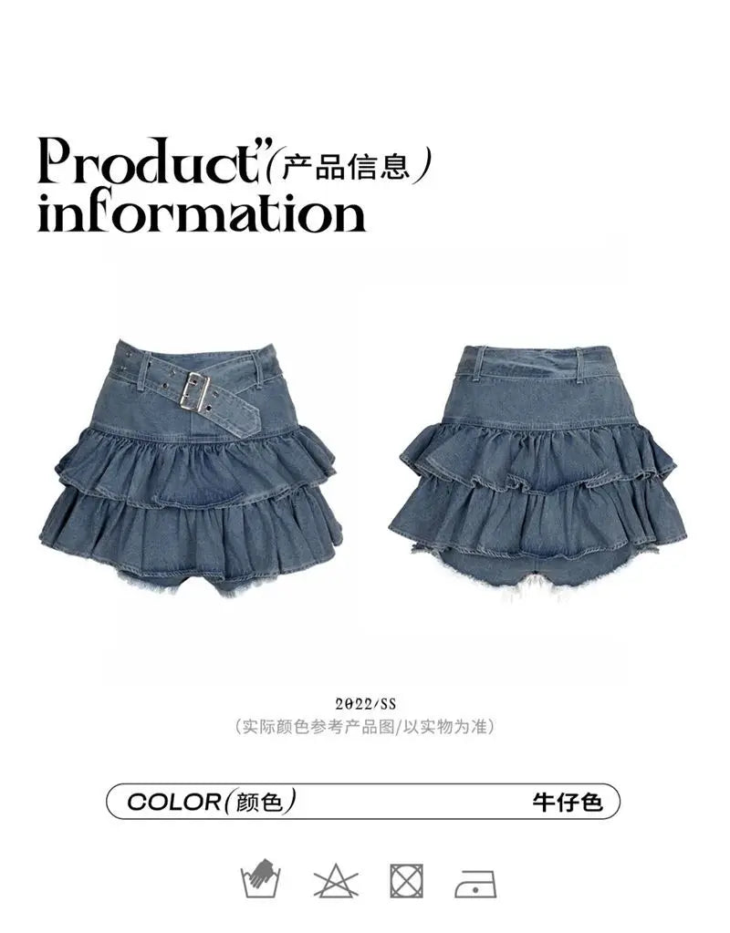 Mini Denim Skirts Women Summer Japanese Style Sweet Heart Ruffles Design Y2k Chic High Waist Distressed Aesthetic Fashion Faldas