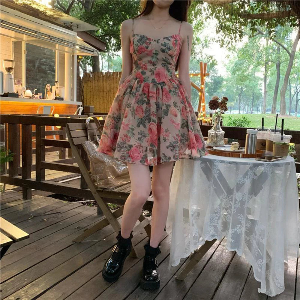 Women's Floral Print A-line Dress with Adjustable Straps and High Waist Design for Spring Summer Autumn Winter Wear