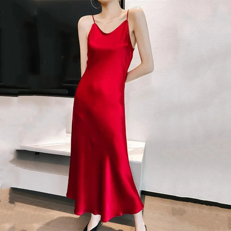 2026 fashion Sexy Satin Long Dress Summer Lady Acetate satin Party Dress High Waist Slim Female Retro Dress Red Pink robe femme
