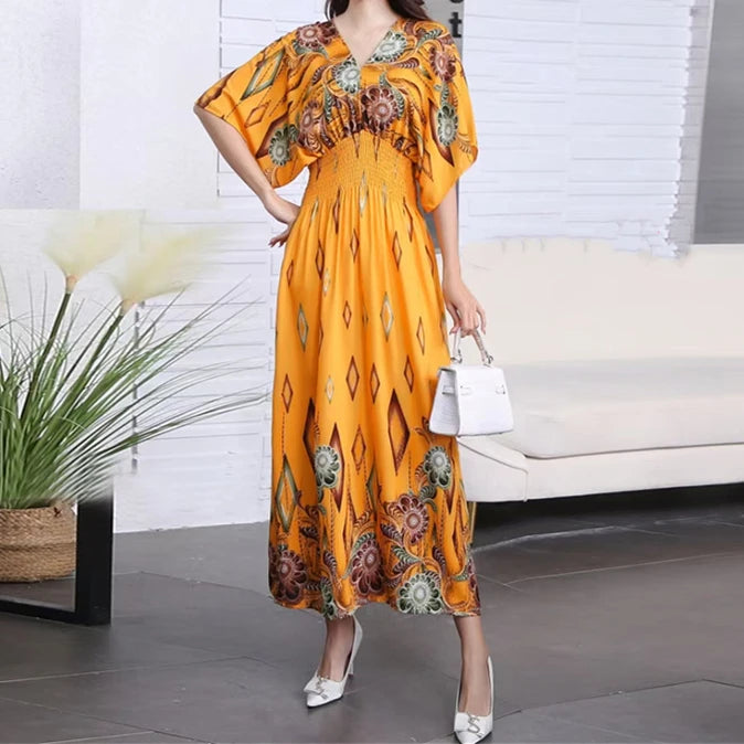 Summer New Casual Elegant Retro Bohemian Style V-neck Elastic Waist Large Swing Printed Long Skirt Autumn Summer Dress
