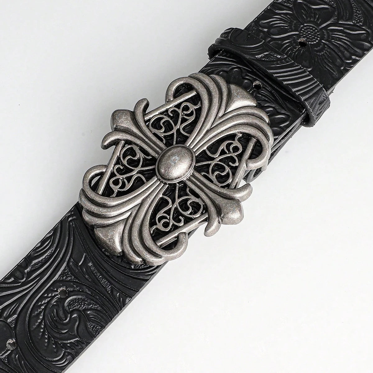Retro Men's Belt Bohemian Style-Chic Black PU Leather Belt Fashion Vintage Hollow Buckle Belt Punk Rock Y2K Style，For Men Women