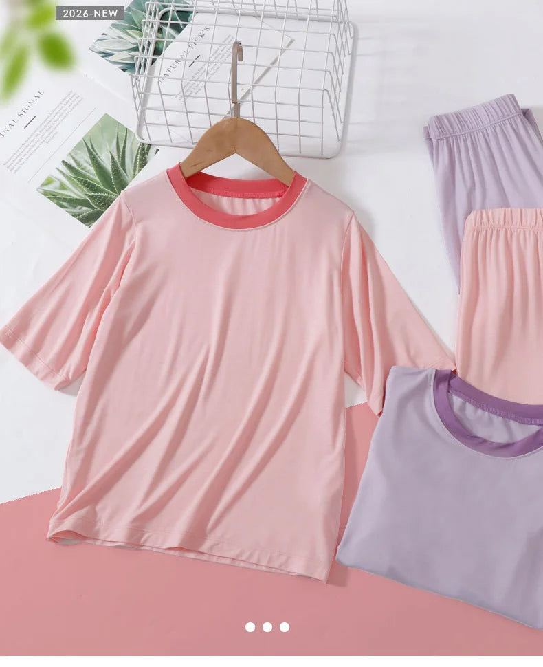 2026 Summer Thin Children Pajamas Contrast Color Soft Cooling Pajamas for Girls 10A Antibacterial Boys Sleepwear
