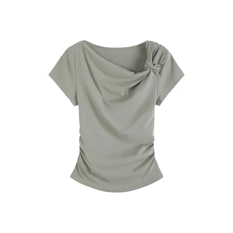 Slim Fit Short Sleeve T-Shirt Women Summer New Style Shoulder Bared Neckline Gathered Waist Elastic Band Casual Style Top