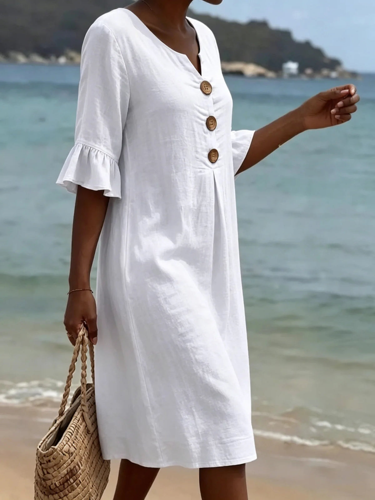 Simple Casual Women's Solid Color Midi Dress V Neck Button 3/4 Sleeve Loose 2026 New Summer Beach Vacation Dresses With Pockets