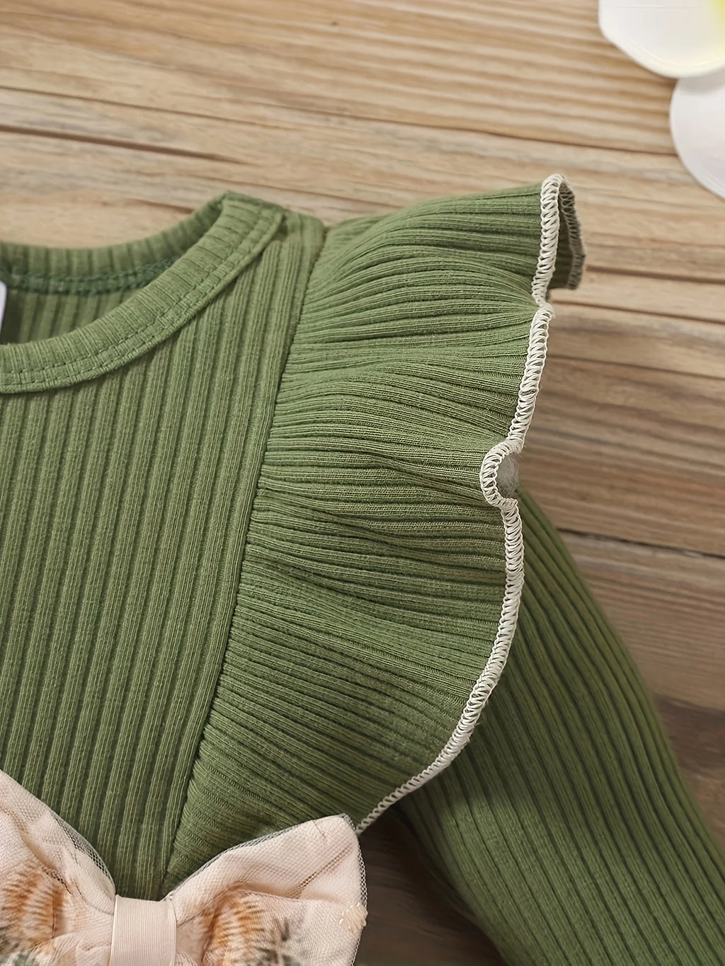 "Girls' Forest-Style Knit Dress | Olive Green Ribbed Top with Tulle Skirt - 3D Bows & Embroidered Floral Princess Dress"