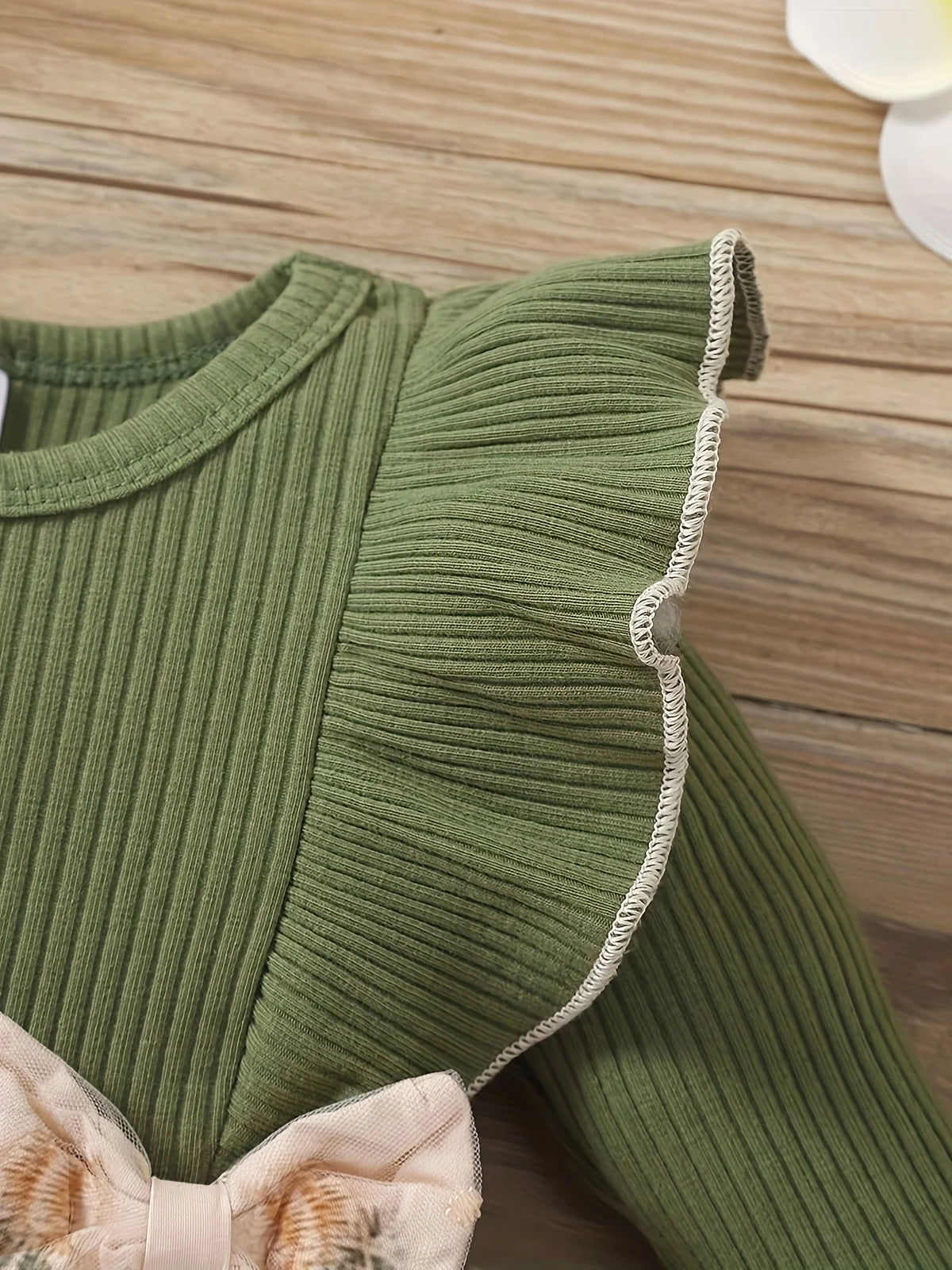"Girls' Forest-Style Knit Dress | Olive Green Ribbed Top with Tulle Skirt - 3D Bows & Embroidered Floral Princess Dress"