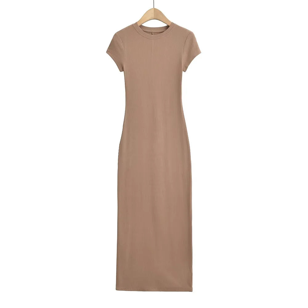 Short Sleeve Women Long Dresses Thin Style Crewneck Summer Solid Color Dress Commute Short Sleeve New Leisure Women Dress