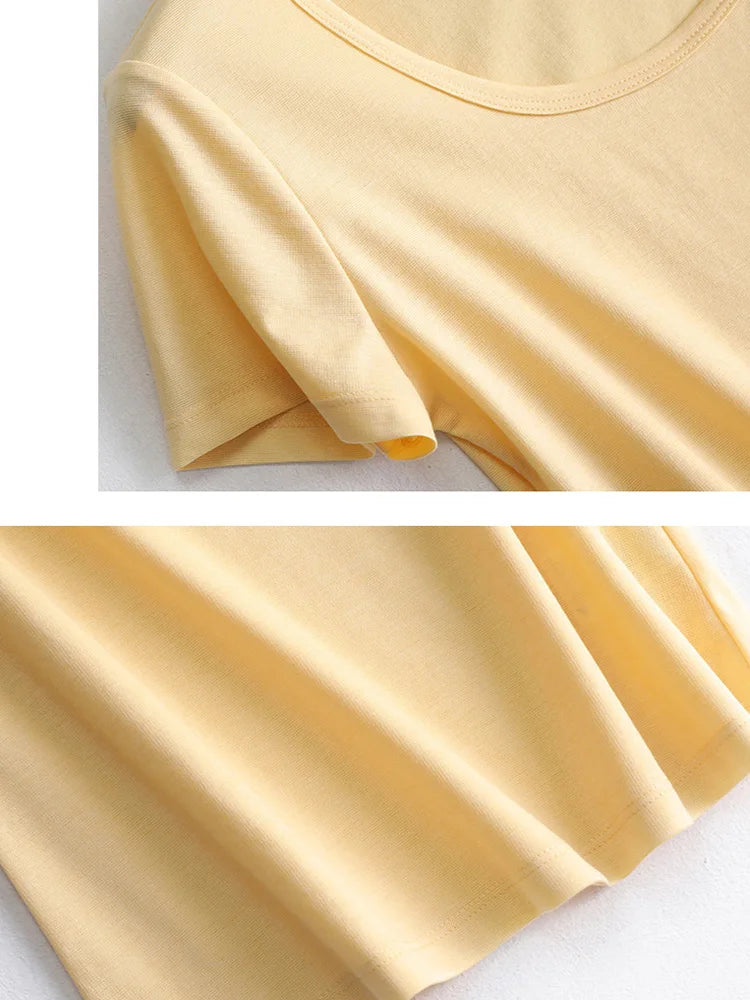 SuyaDream 2022 Woman Summer Tee Silk Acetate Blend U Neck Slim Waisted Solid Cosy T Shirt Candy Colors Top