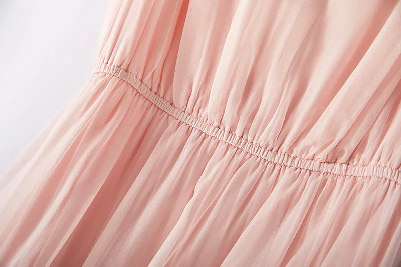 100%Real Silk Elegant Dresses, Women Sleeveless Elastic Waist, Beach Vacation Fairy Dress, 2024 Summer Fall