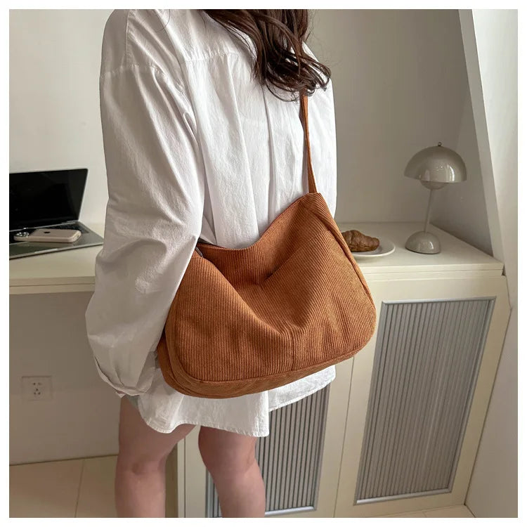 Women’s Corduroy Shoulder Bag, Casual Striped Large Capacity Tote with Zipper Closure, Cute Hat Patch, Perfect for Everyday Use
