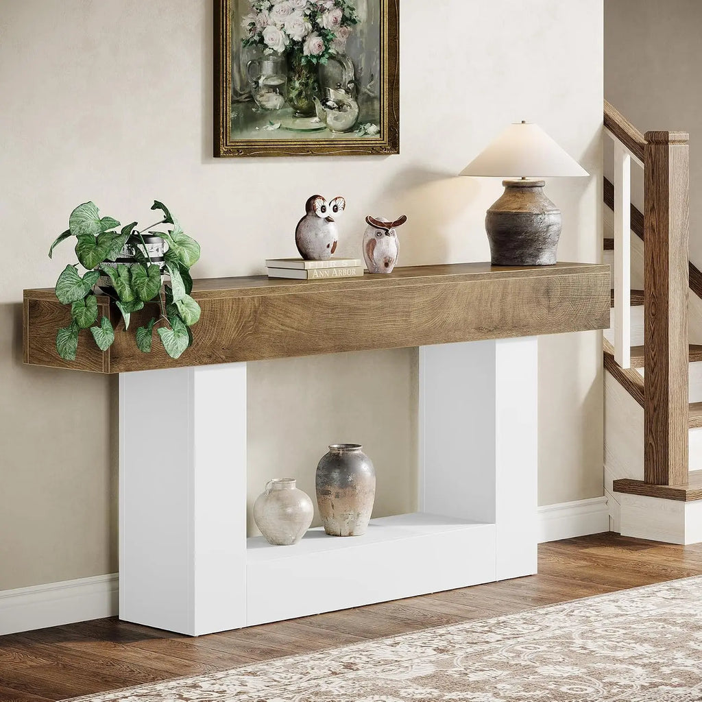 63" Farmhouse 2-Tier Console Table with U-Shaped Base, Narrow Long Wood Sofa Table for Entryway Living Room Hallway, Brown & Whi