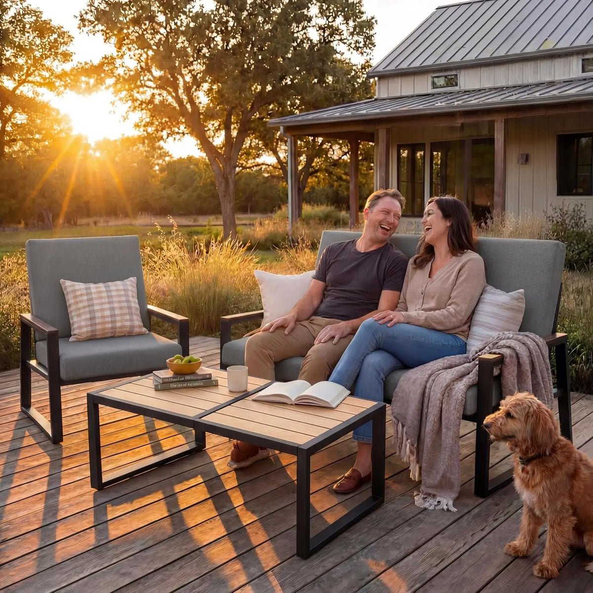 Metal Patio Set 4-Piece Outdoor Conversation WPC Table Washable Cushions Weather-Resistant Seating Yard Poolside, Customized