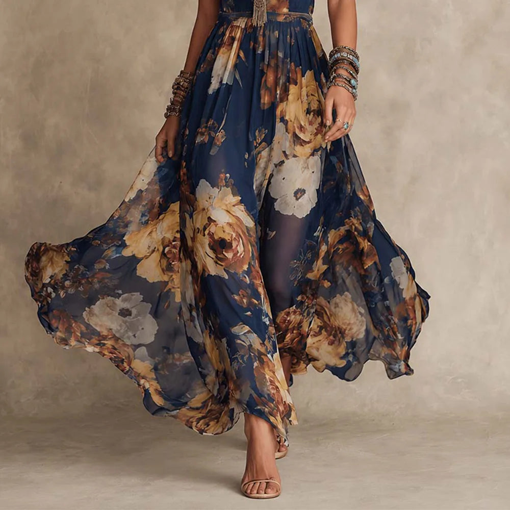 New Women Boho Floral Print Maxi Dress Elegant Spaghetti Strap V Neck Sleeveless Slim Waist A-Line Long Flowing Beach Sundress