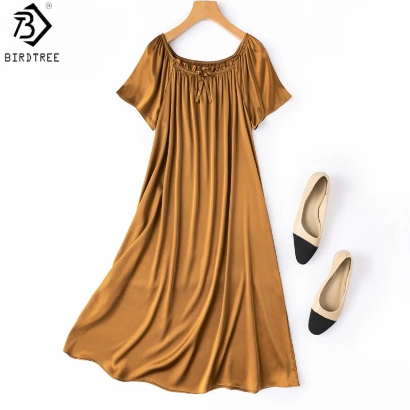 Birdtree, 21MM 92% Silk 8% Spandex Nightgown, O-neck Short Sleeve, Women Plain Satin Pajama Homewear Dresses, 2026 New D66104JF