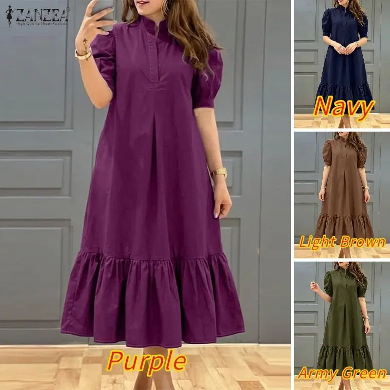 Women Casual A-Line Midi Dress Stand Collar Half Puff Sleeves Solid Color Loose Dresses ZANZEA Minimalist Daily Wear Vestidos