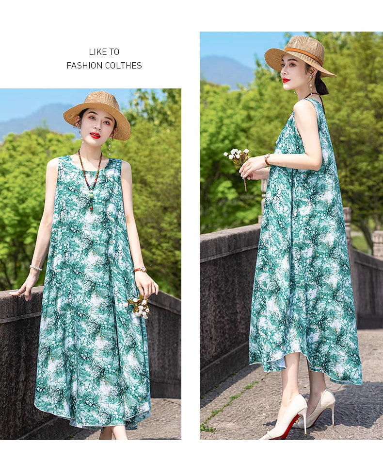 New Women Summer Dresses Vintage Dress FashionRobe Plus Size Sleeveless Femme Casual Print Dresses
