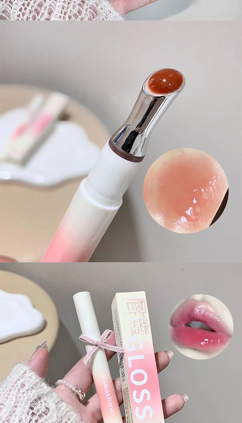 Kakashow Mirror Watery Lip Gloss Iron Brush Head Jelly Lipgloss Moisturizing Lip Tint Lipstick Nature Nude Lips Makeup Cosmetics