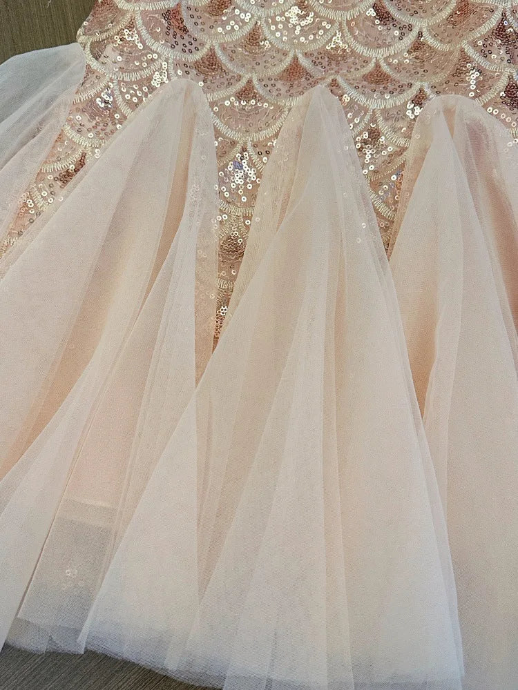 2026 New Summer Party Dresses for Girls Children's Elegant Fashion Mesh Flying Sleeves Sequined Tank Top Princess Skirt S3069