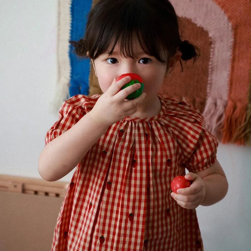 Girls Plaid Strawberry Cotton Dress & Shorts Set | Summer Outfit