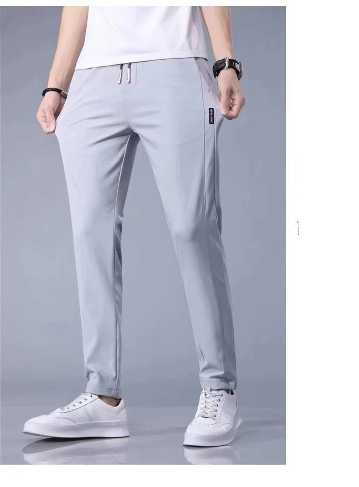 Ice Silk Men's Pants 2024 Summer New Black Gray Thin Business Casual Pants Outdoor Elastic Breathable Straight Leg Sweatpants